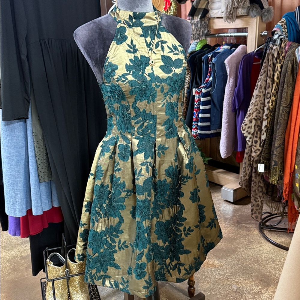 Mystic Gold and Blue Green Floral Holiday Dress size girls large.